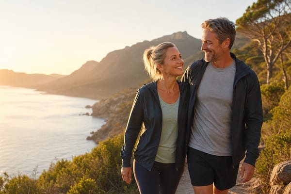 Healthy couple walking outdoors at sunset