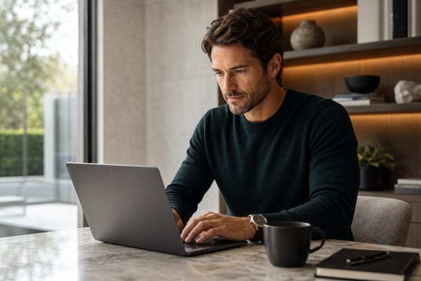 Man concentrating while working on a laptop
