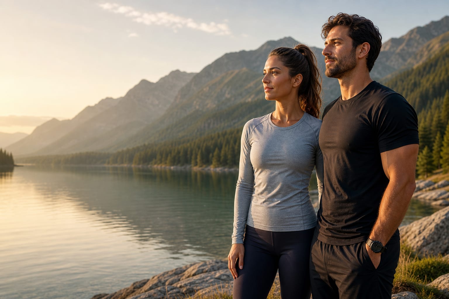 Active couple standing beside a mountain lake