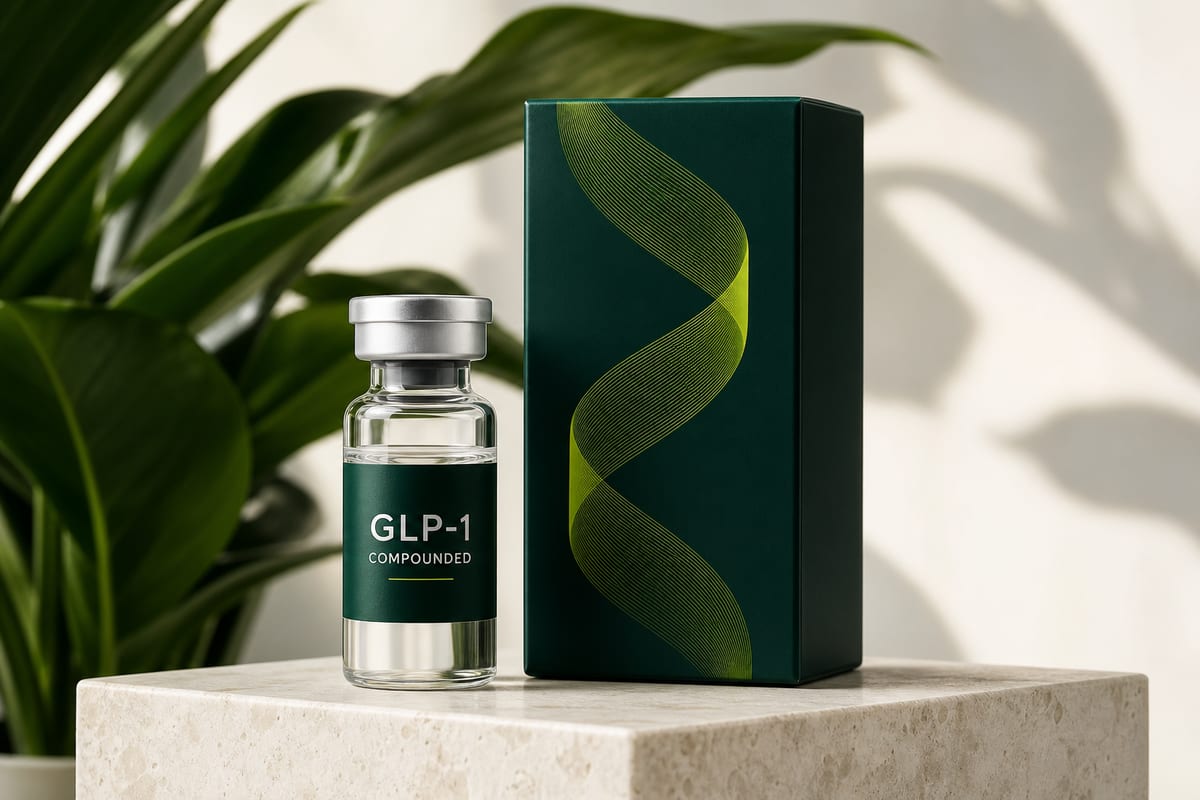 GLP-1 vial beside dark green product packaging